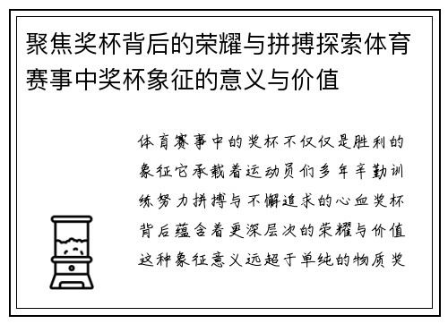 聚焦奖杯背后的荣耀与拼搏探索体育赛事中奖杯象征的意义与价值