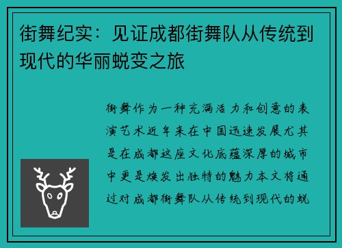 街舞纪实：见证成都街舞队从传统到现代的华丽蜕变之旅
